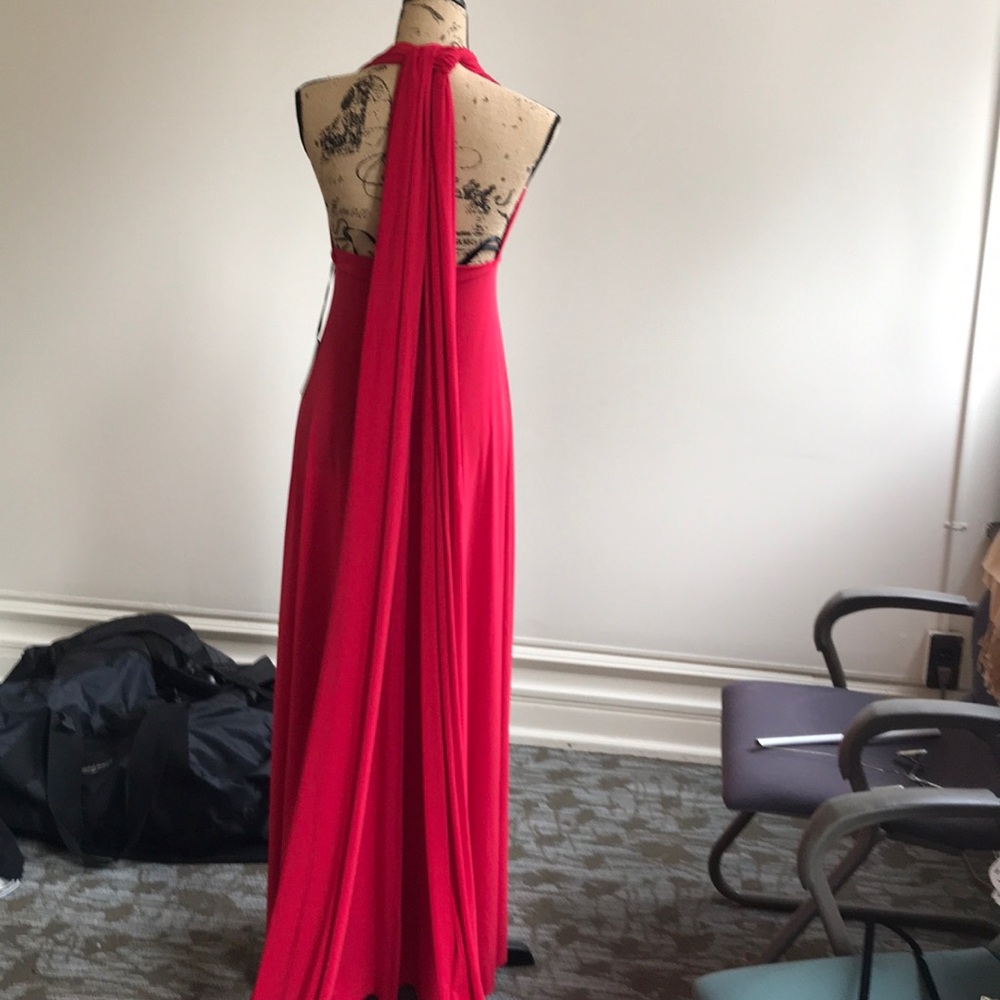 Stunning red evening dress with long scarves
